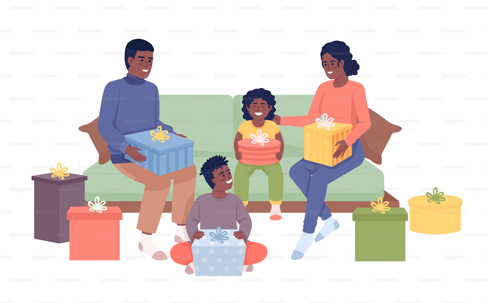 Family members unpacking presents semi flat color vector character. Editable figure. Full body people on white. Christmas simple cartoon style illustration for web graphic design and animation
