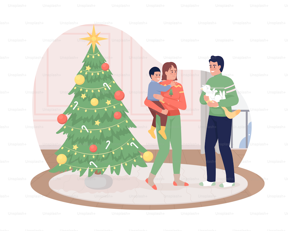クリスマスの2Dベクターイラストに家族。漫画の背景に両親、子供、猫の平らなキャラクター。モバイル、ウェブサイト、プレゼンテーション用の休日のカラフルな編集可能なシーン