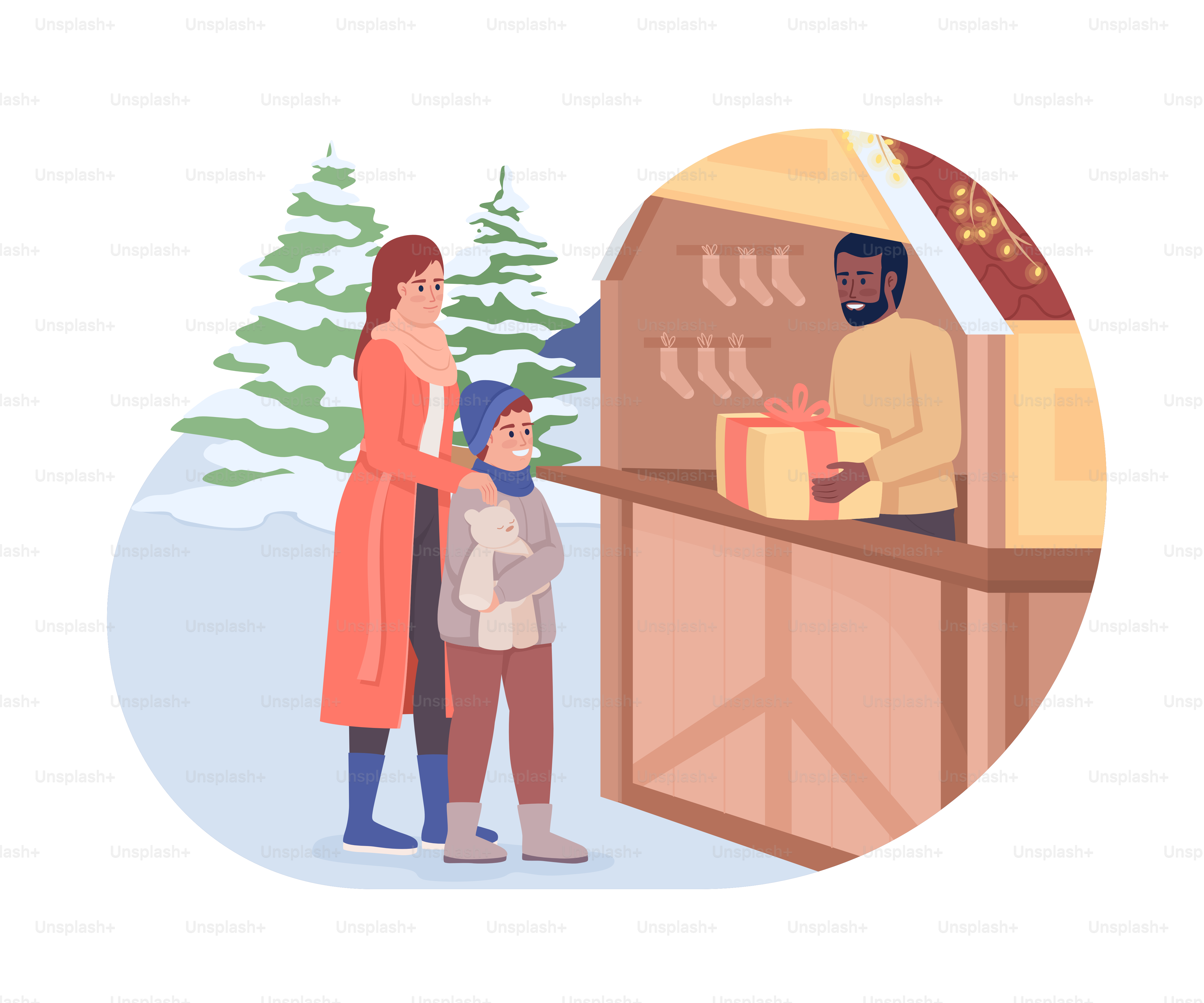 Illustrazione isolata del vettore 2D dello shopping natalizio. Acquisto di regali personaggi piatti su sfondo cartone animato. Natale commercio equo e solidale colorato scena modificabile per cellulare, sito web, presentazione