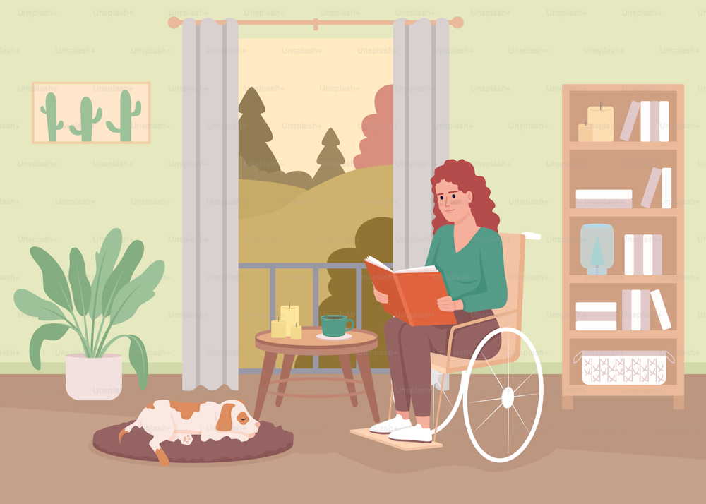 Disabled woman reading flat color vector illustration. Lady in wheelchair resting at home. Domestic lifestyle. Fully editable 2D simple cartoon interior with living room on background