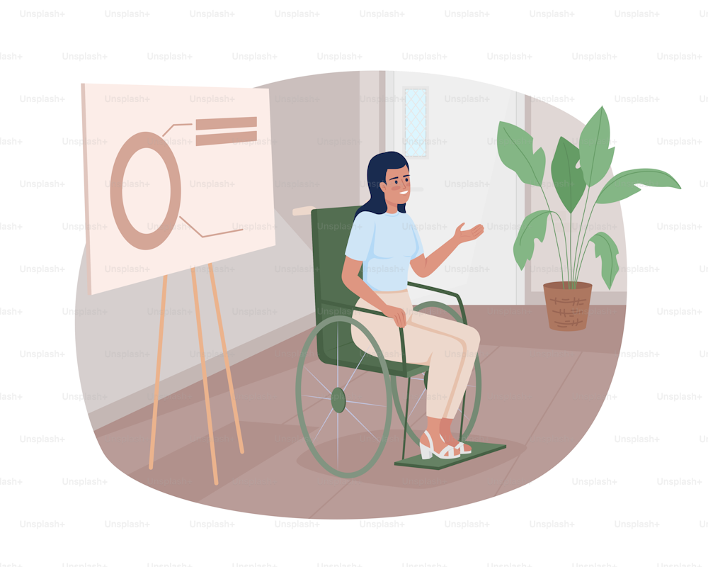 Businesswoman in wheelchair at presentation 2D vector isolated illustration. Entrepreneurship flat character on cartoon background. Colourful editable scene for mobile, website, presentation