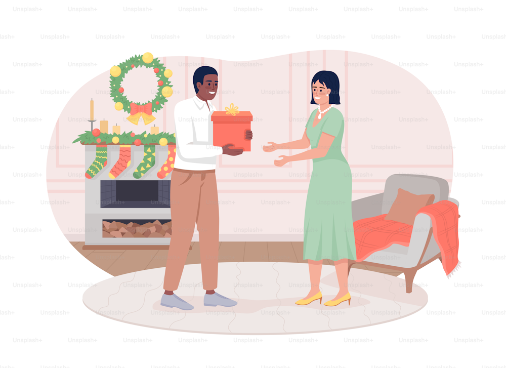 Couple exchanging presents 2D vector isolated illustration. Christmas gifts flat characters on cartoon background. Holiday colourful editable scene for mobile, website, presentation