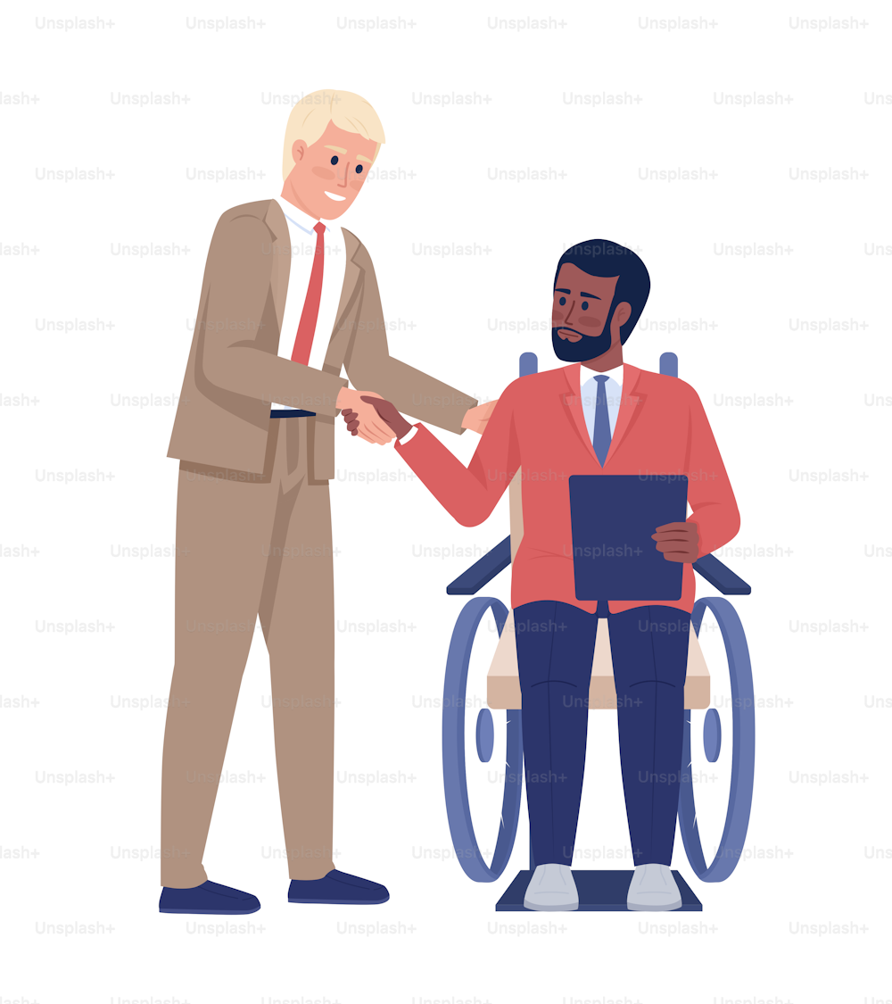 Boss shaking hands with disabled employee semi flat color vector characters. Editable figures. Full body people on white. Simple cartoon style illustrations for web graphic design and animation