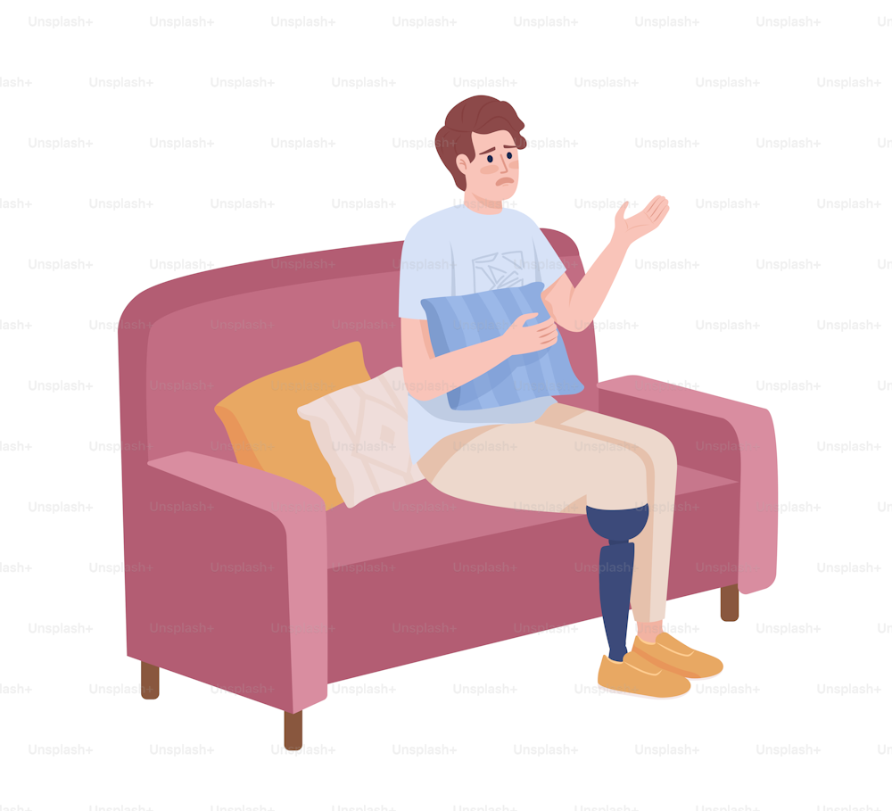 Upset man with leg prosthesis semi flat color vector character. Editable figure. Full body person on white. Disability simple cartoon style illustration for web graphic design and animation