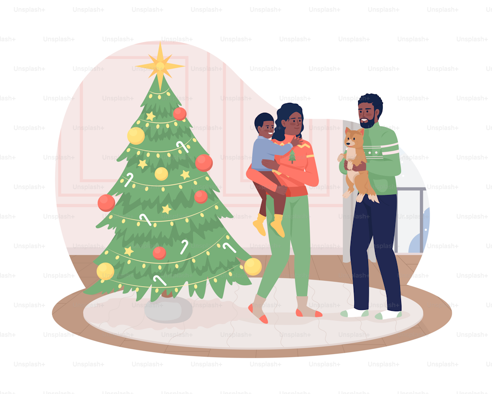 Family on Christmas 2D vector isolated illustration. Traditional celebration flat characters on cartoon background. Cozy house colourful editable scene for mobile, website, presentation