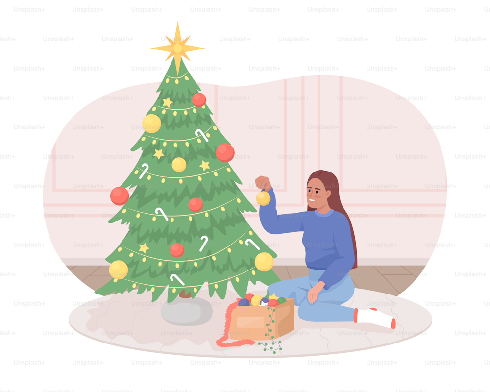 Decorating Christmas tree 2D vector isolated illustration. Happy flat character on cartoon background. Holiday preparation colourful editable scene for mobile, website, presentation