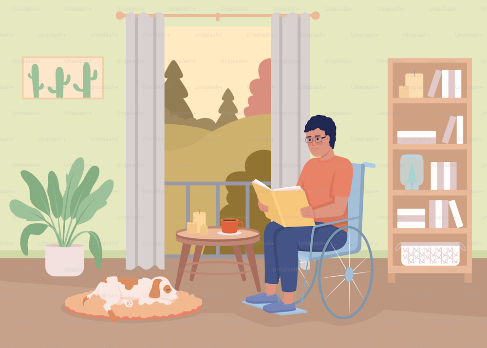 장애가 있는 남자가 평면 컬러 벡터 그림을 읽고 있다. 취미와 가정 생활. 집에서 휠체어를 탄 남자. 배경에 거실이 있는 완전히 편집 가능한 2D 간단한 만화 인테리어