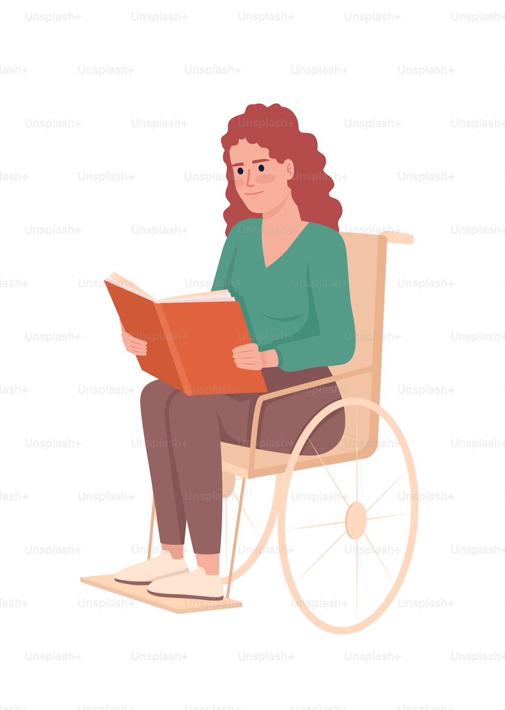 Woman reading book in wheelchair semi flat color vector character. Editable figure. Full body person on white. Disability simple cartoon style illustration for web graphic design and animation