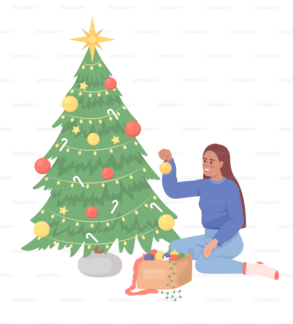 Lady decorating christmas tree semi flat color vector character. Editable figure. Full body person on white. Holiday preparation simple cartoon style illustration for web graphic design and animation