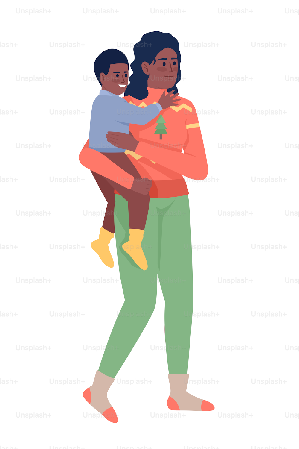Mother and her son semi flat color vector character. Editable figure. Full body people on white. Christmastime wear simple cartoon style illustration for web graphic design and animation