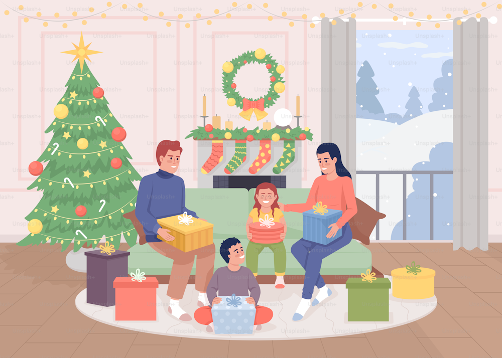 Parents unwrapping presents with kids flat color vector illustration. Wintertime. Holiday tradition. Decorated home. Fully editable 2D simple cartoon characters with christmas tree on background