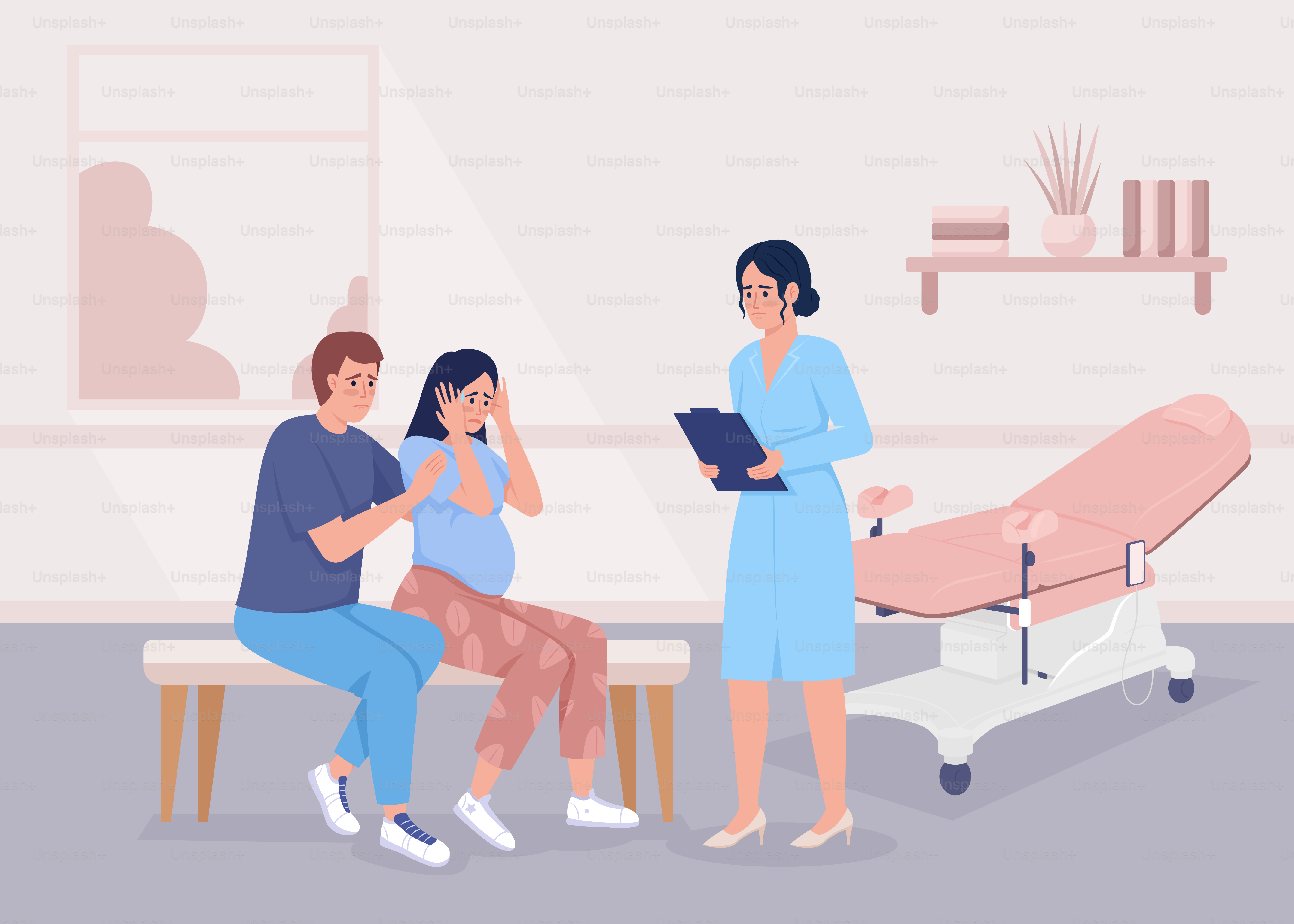 Verängstigte schwangere Frau mit Partner, Arzt besucht Flat Color Vector Illustration. Panikattacke während der Babyschwanzung. Vollständig editierbare 2D-einfache Cartoonfiguren mit einer Arztpraxis im Hintergrund