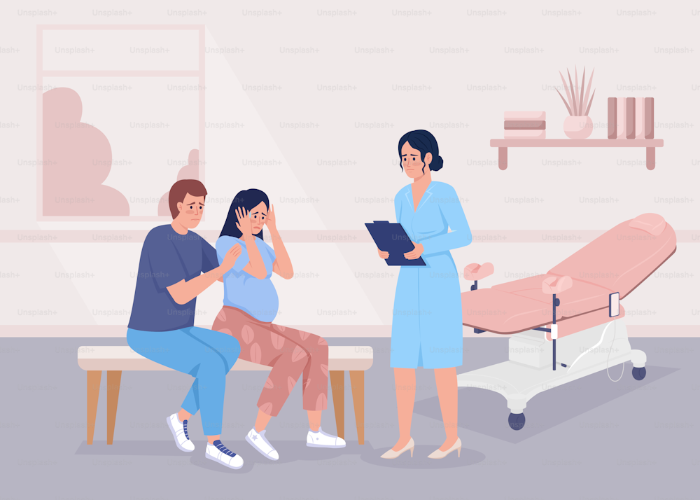 Scared pregnant woman with partner visiting doctor flat color vector illustration. Panic attack during baby expectation. Fully editable 2D simple cartoon characters with medical office on background