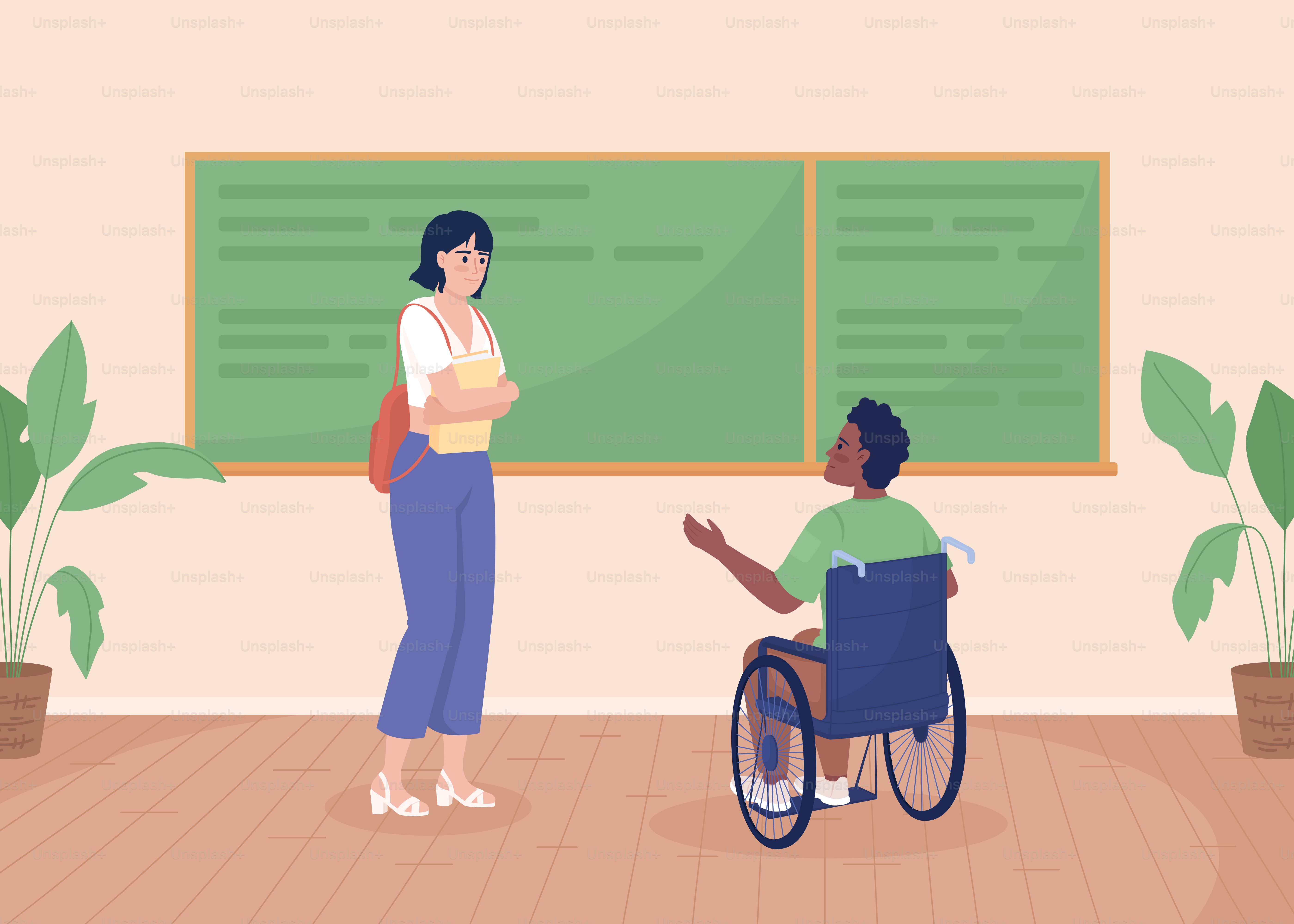 Une femme avec un sac à dos parlant à une personne en fauteuil roulant dans une classe
