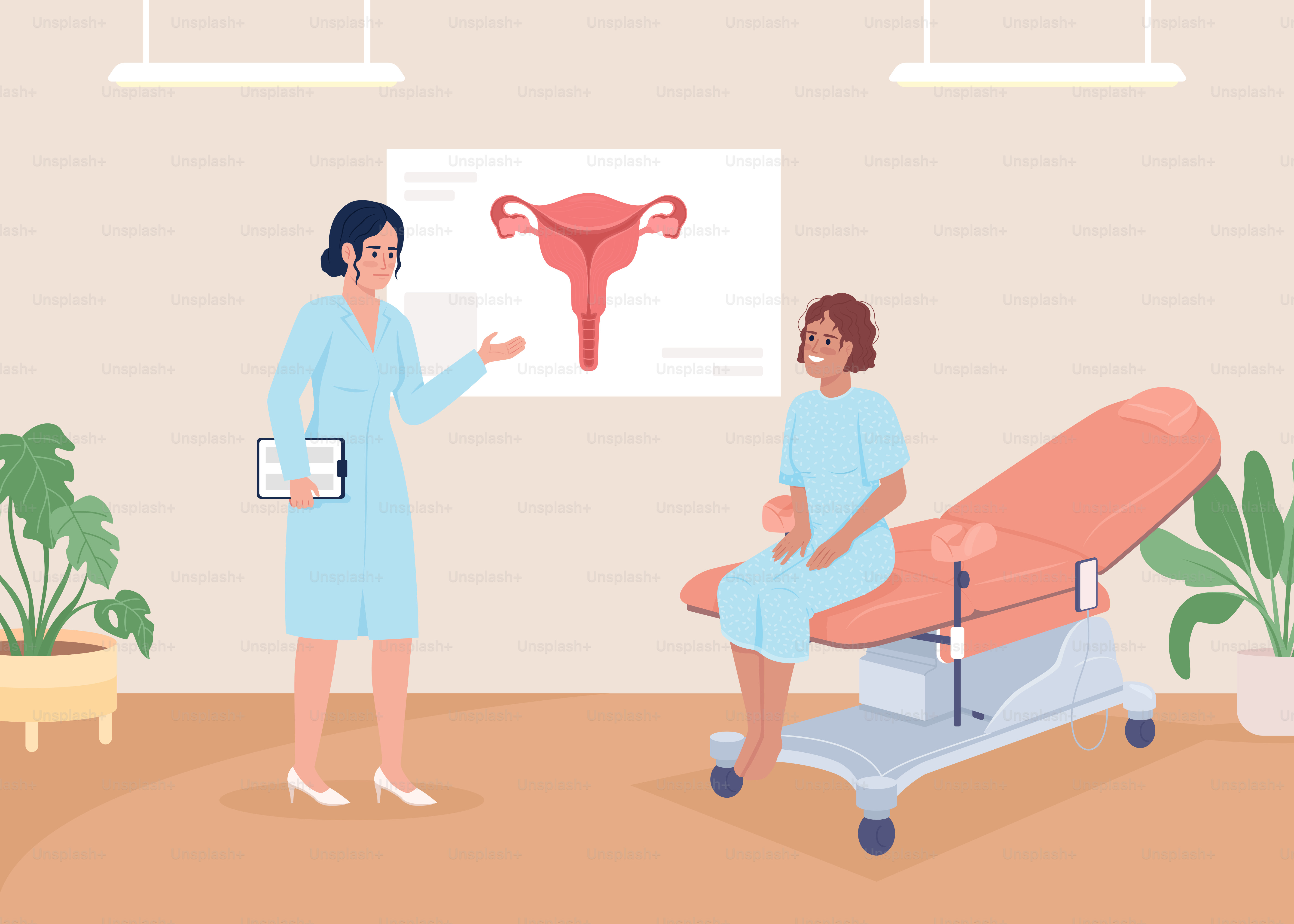 Patient à rendez-vous chez le gynécologue avec illustration vectorielle en couleur plate. Soins de santé pour les femmes. Consultation médicale. Personnages de dessins animés 2D simples entièrement éditables avec un cabinet médical en arrière-plan