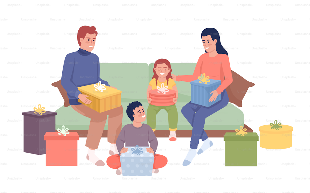 Family members unpacking gifts semi flat color vector character. Editable figure. Full body people on white. Christmas simple cartoon style illustration for web graphic design and animation