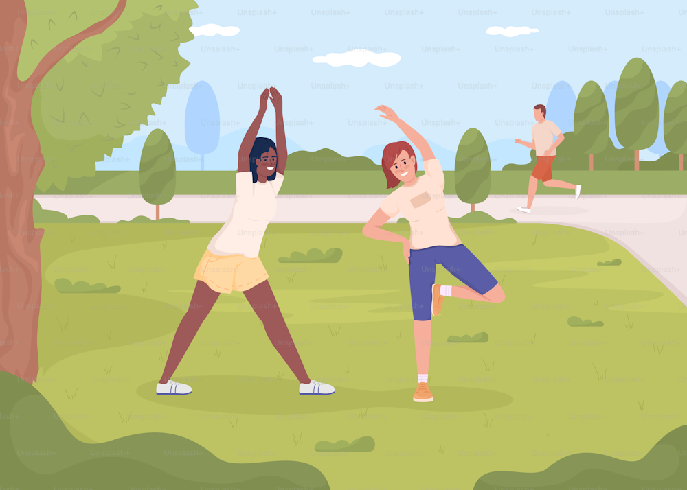 Friends exercising in park flat color vector illustration. Outdoor sports activity. Woman training on lawn. Fully editable 2D simple cartoon characters with city garden on background