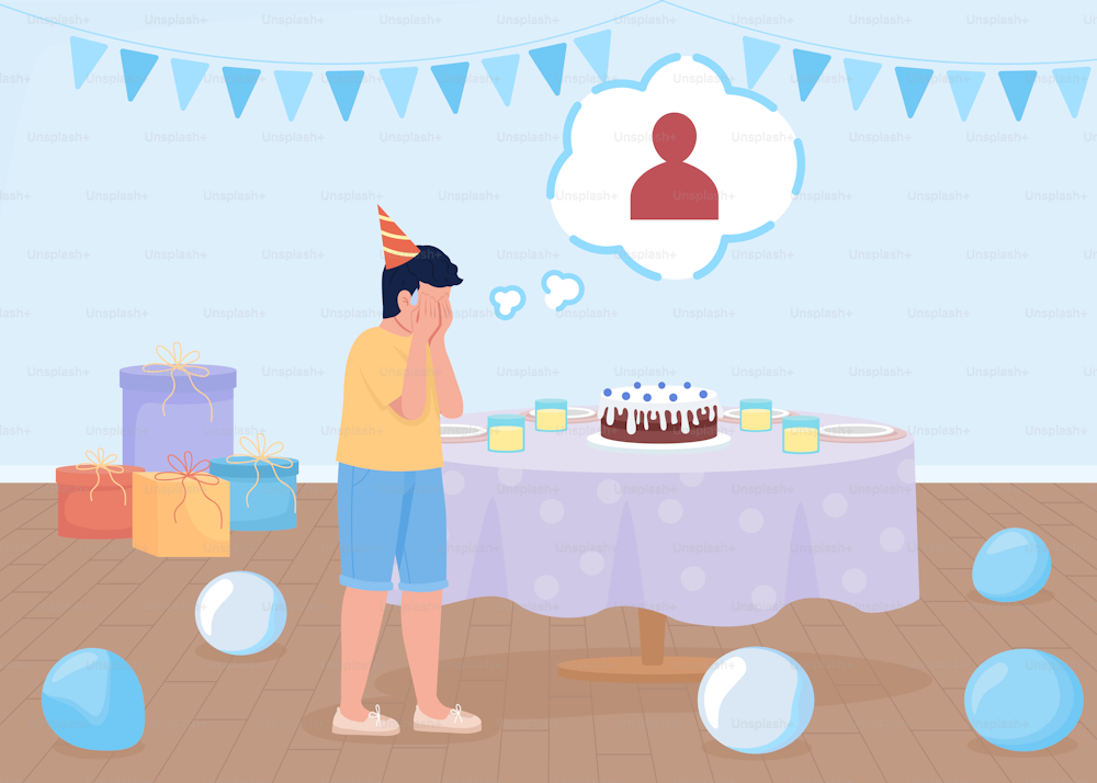 Sad birthday party flat color vector illustration. Little boy crying of loneliness. Celebration holiday alone. Fully editable 2D simple cartoon character with decorated room on background