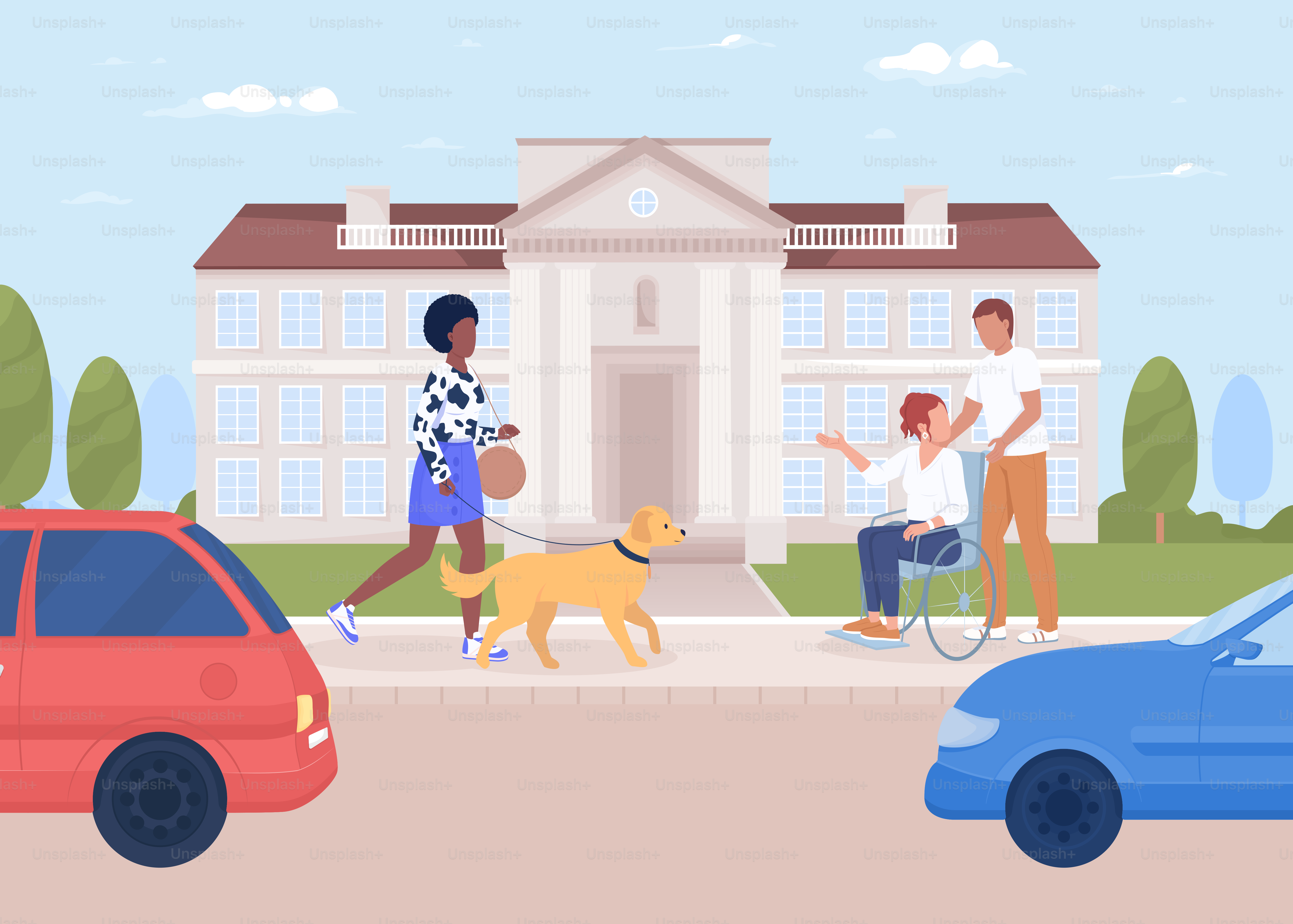 Citizens and traffic in city flat color vector illustration. Lady walking dog. Disabled woman with friend. Fully editable 2D simple cartoon characters with urban building on background