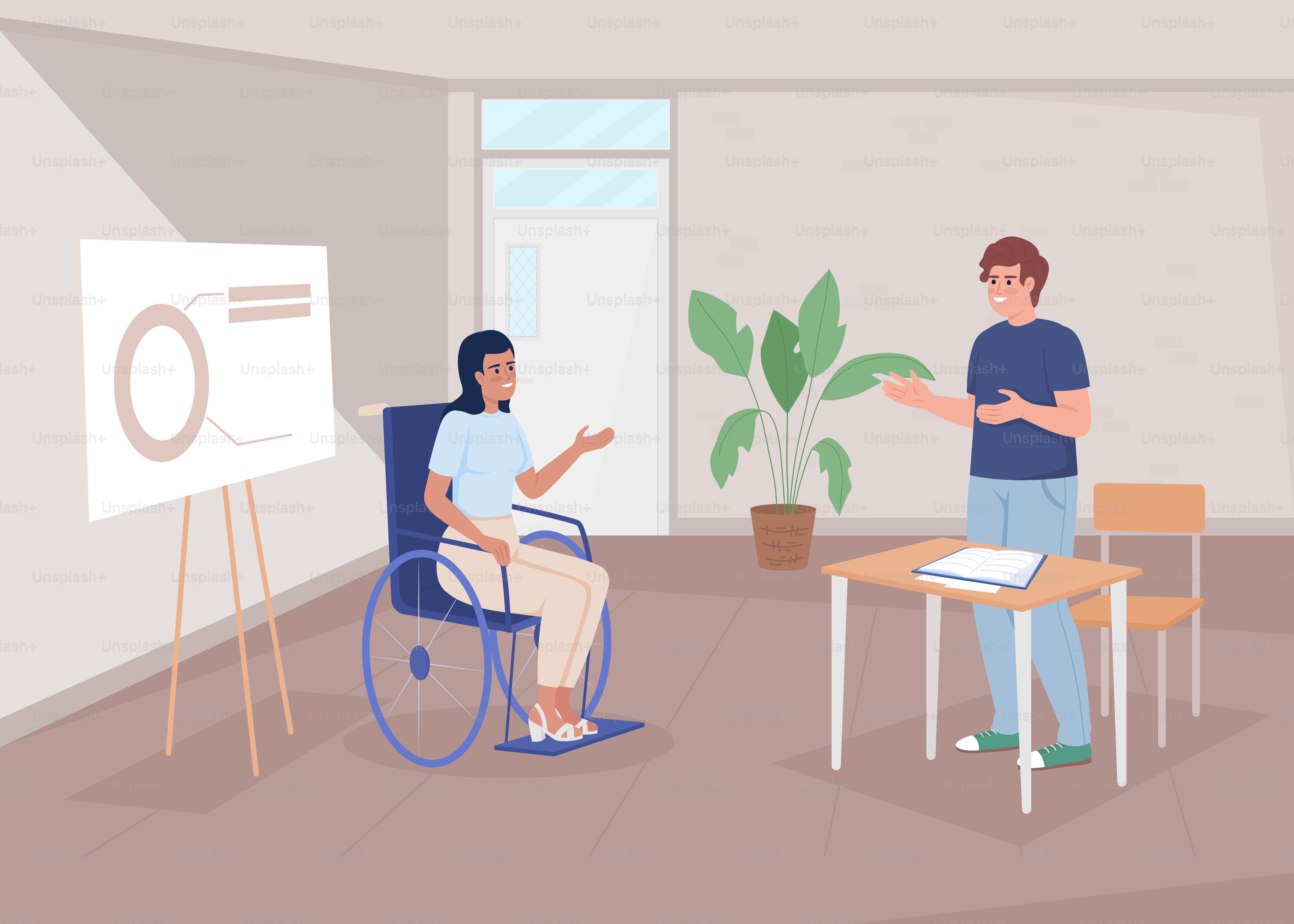 Funcionário deficiente na ilustração vetorial de cor plana do escritório. Inclusão no local de trabalho. Apresentação de negócios. Personagens de desenhos animados simples 2D totalmente editáveis com sala de conferências no fundo