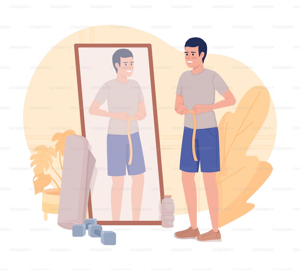 Man losing weight 2D vector isolated illustration. Sports activity for health flat character on cartoon background. Shaping colourful editable scene for mobile, website, presentation