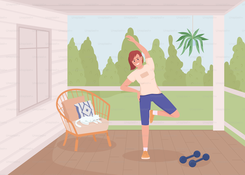 Woman doing sports exercises flat color vector illustration. Active workout on veranda. Healthy lifestyle. Fully editable 2D simple cartoon character with country house on background