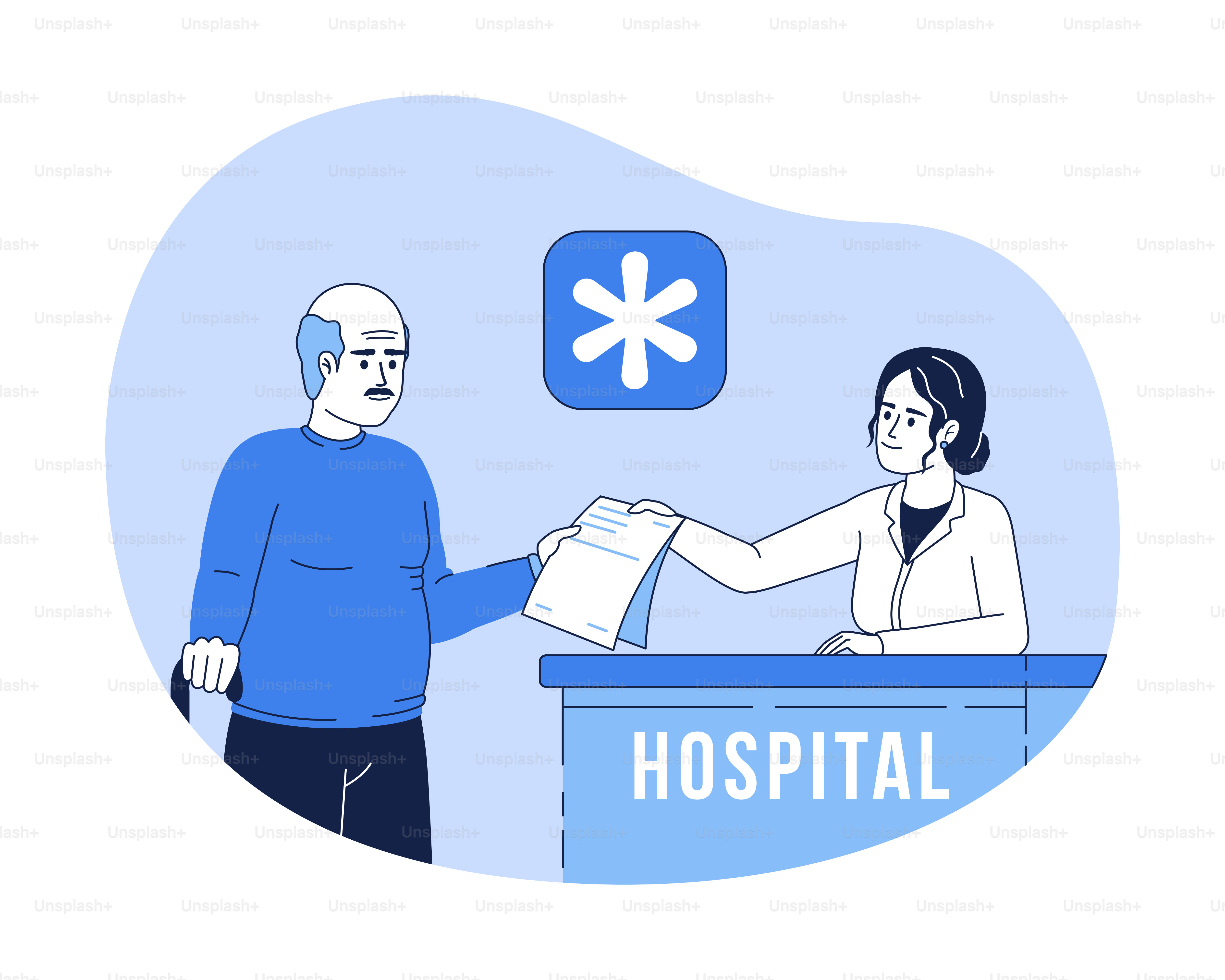 Illustration linéaire isolée vectorielle isolée du bureau d’accueil de l’hôpital. Caractère plat à ligne mince sur fond de dessin animé. Scène modifiable colorée pour mobile, site Web, présentation. Police Bebas Nenue utilisée