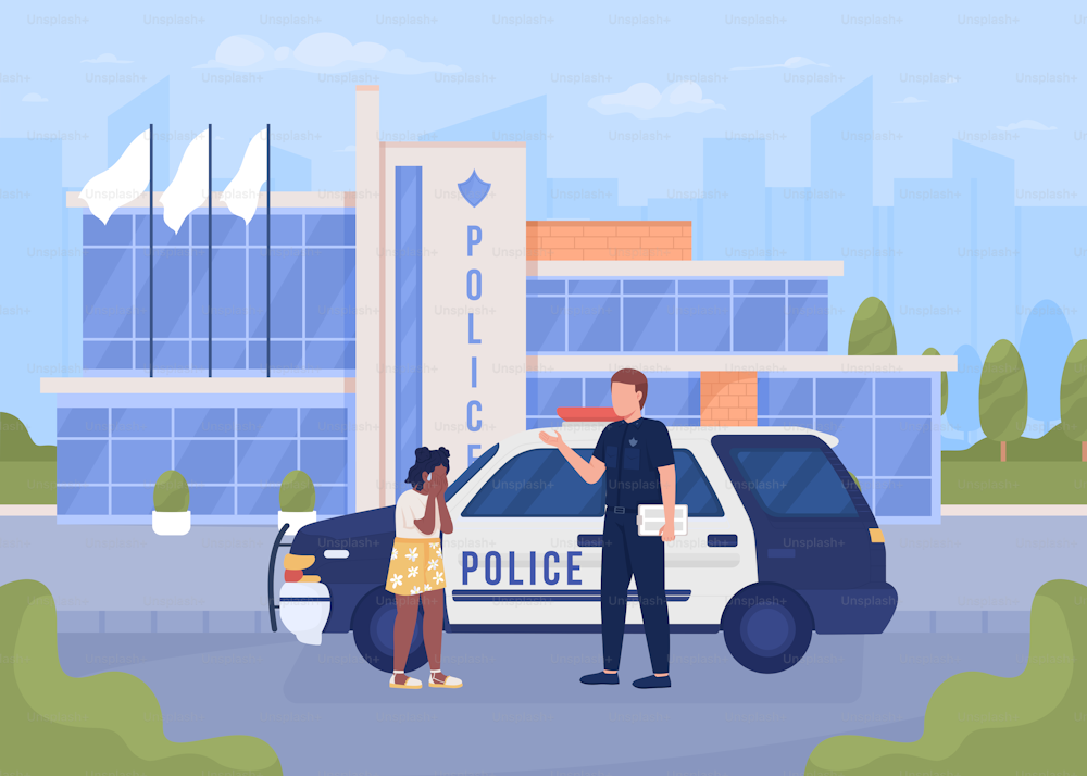 Lost girl and policeman on street flat color vector illustration. Officer helping little child. Fully editable 2D simple cartoon characters with cityscape on background. Bebas Neue font used