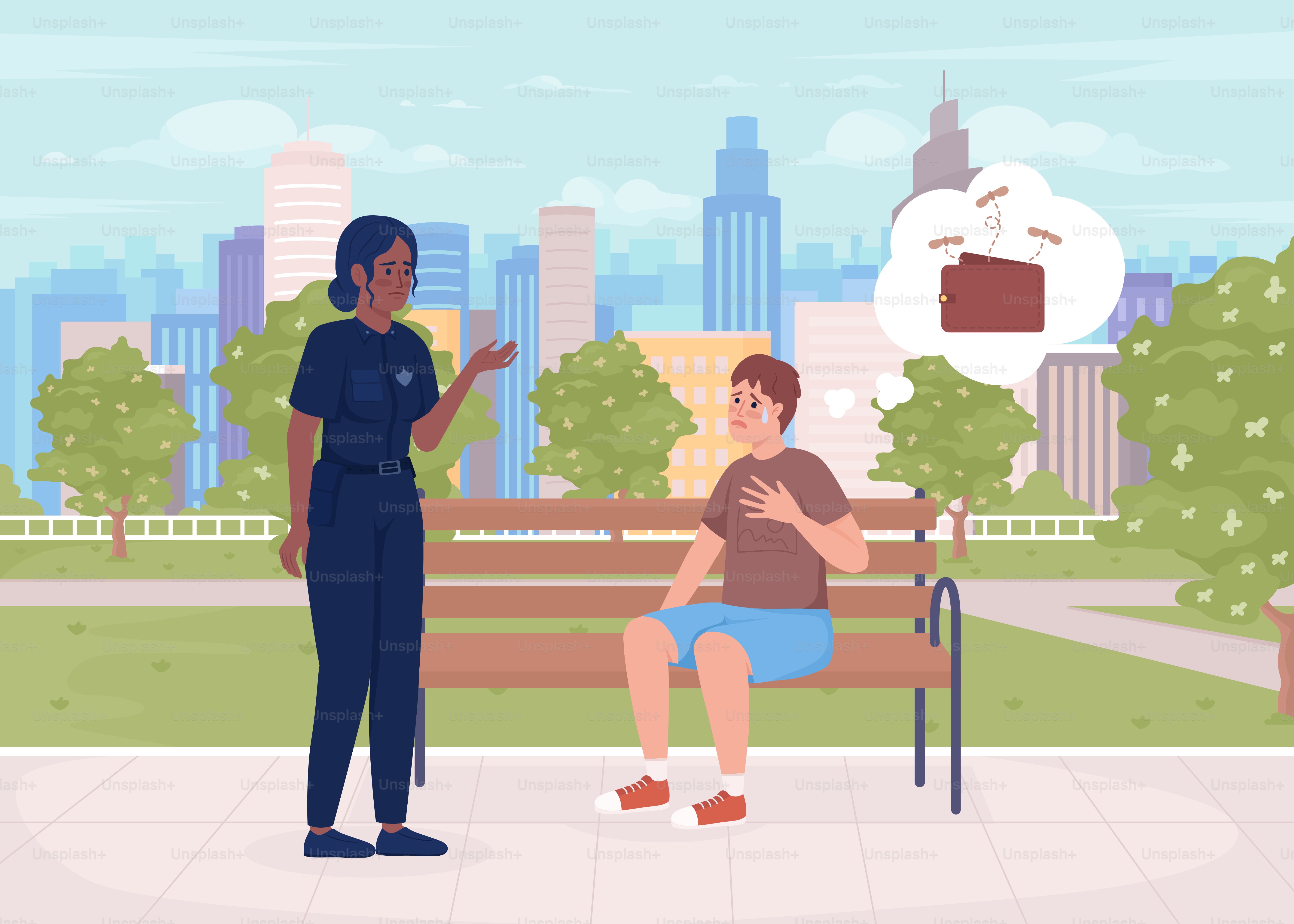 Police officer and man losing wallet flat color vector illustration. Victim of robbery and policewoman. Crime investigation. Fully editable 2D simple cartoon characters with green park on background