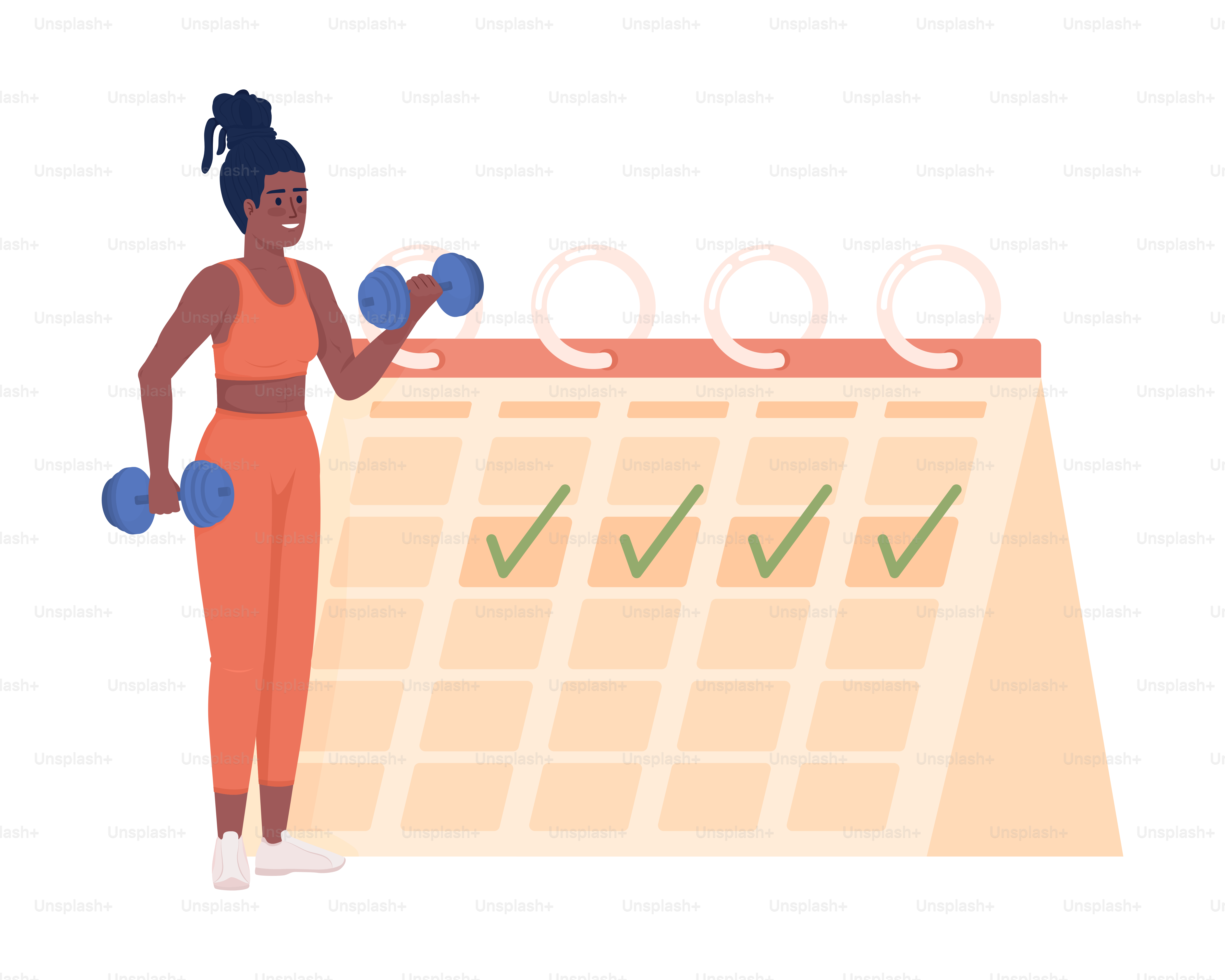 Uma mulher com roupas de treino laranja segurando halteres ao lado de um grande calendário com marcas de seleção