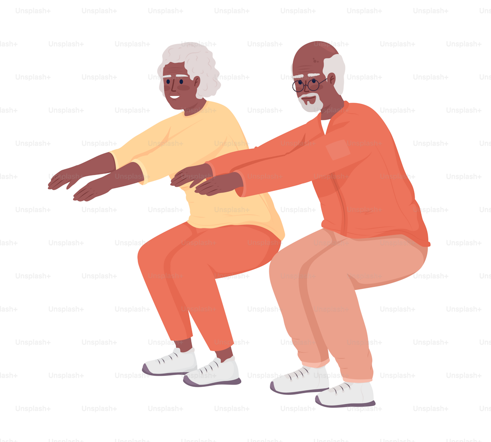 Old couple doing squats semi flat color vector characters. Editable figures. Full body people on white. Sports exercises simple cartoon style illustration for web graphic design and animation