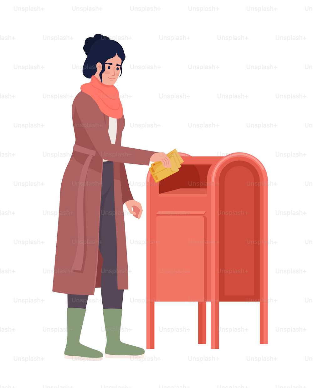 Woman sends letters by mail semi flat color vector character. Editable figure. Full body person on white. Correspondence simple cartoon style illustration for web graphic design and animation