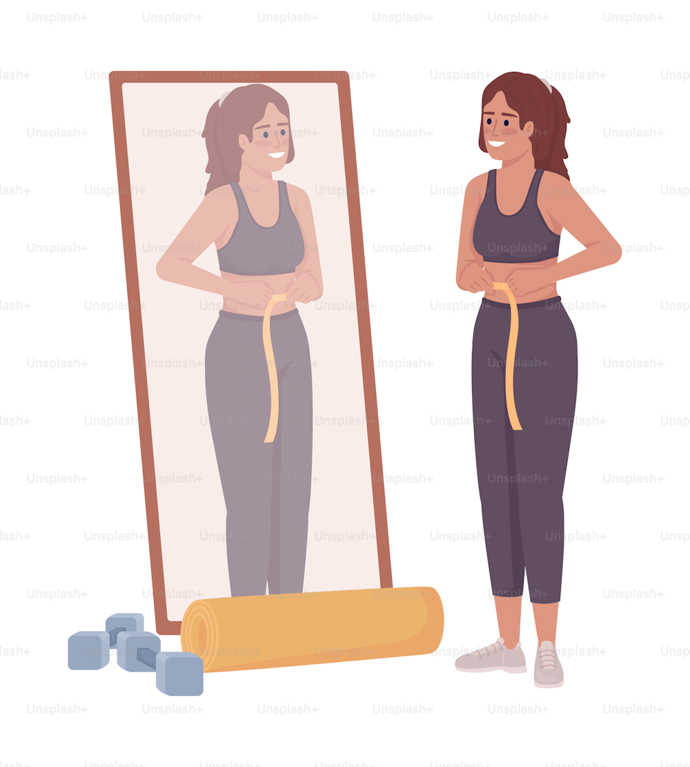 Woman measuring waist near mirror semi flat color vector character. Editable figure. Full body person on white. Weight loss simple cartoon style illustration for web graphic design and animation