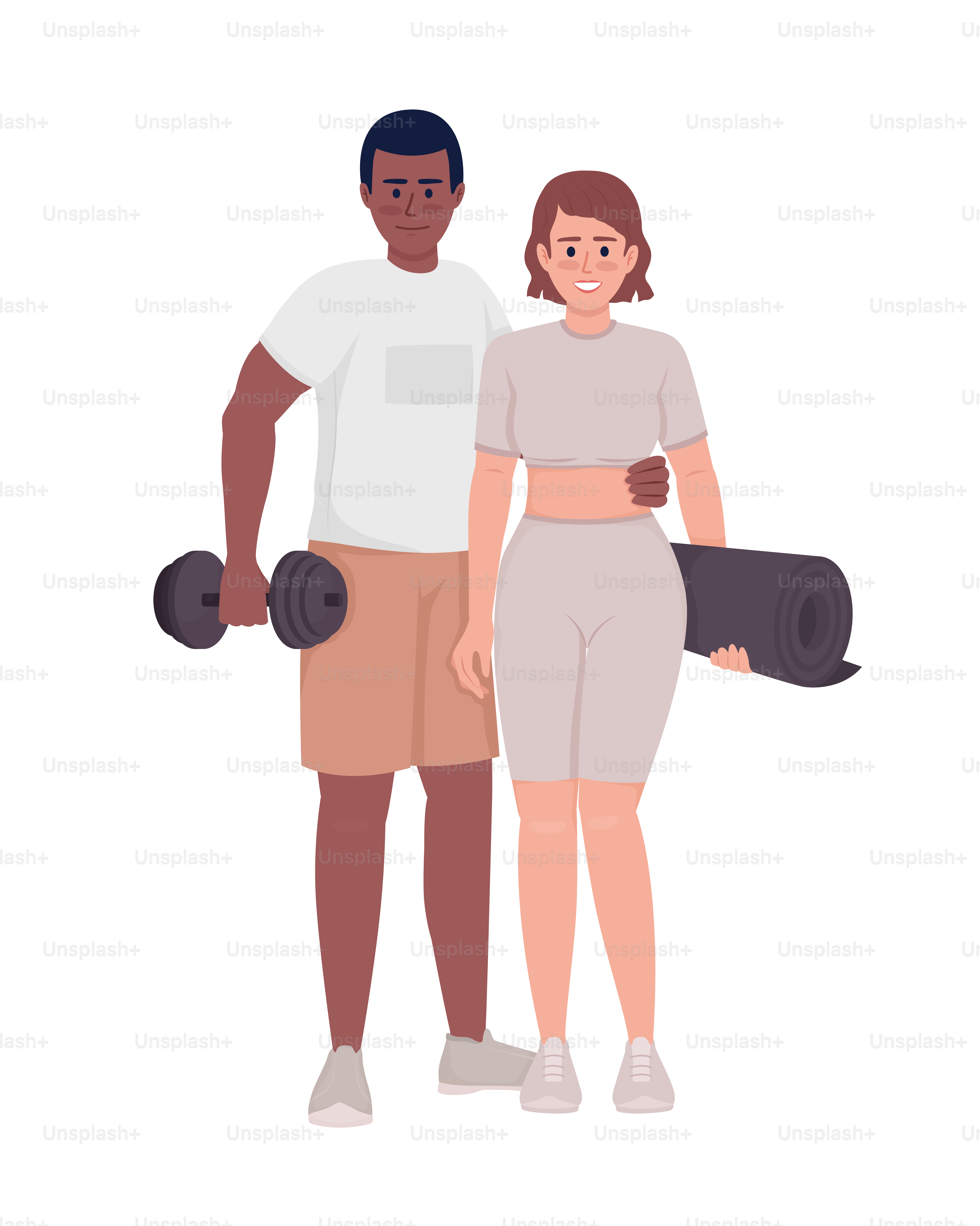 Casal feliz pronto para o treinamento de caracteres vetoriais de cor semi plana. Figuras editáveis. Pessoas de corpo inteiro no branco. Ilustração de estilo de desenho animado simples de treino para web design gráfico e animação