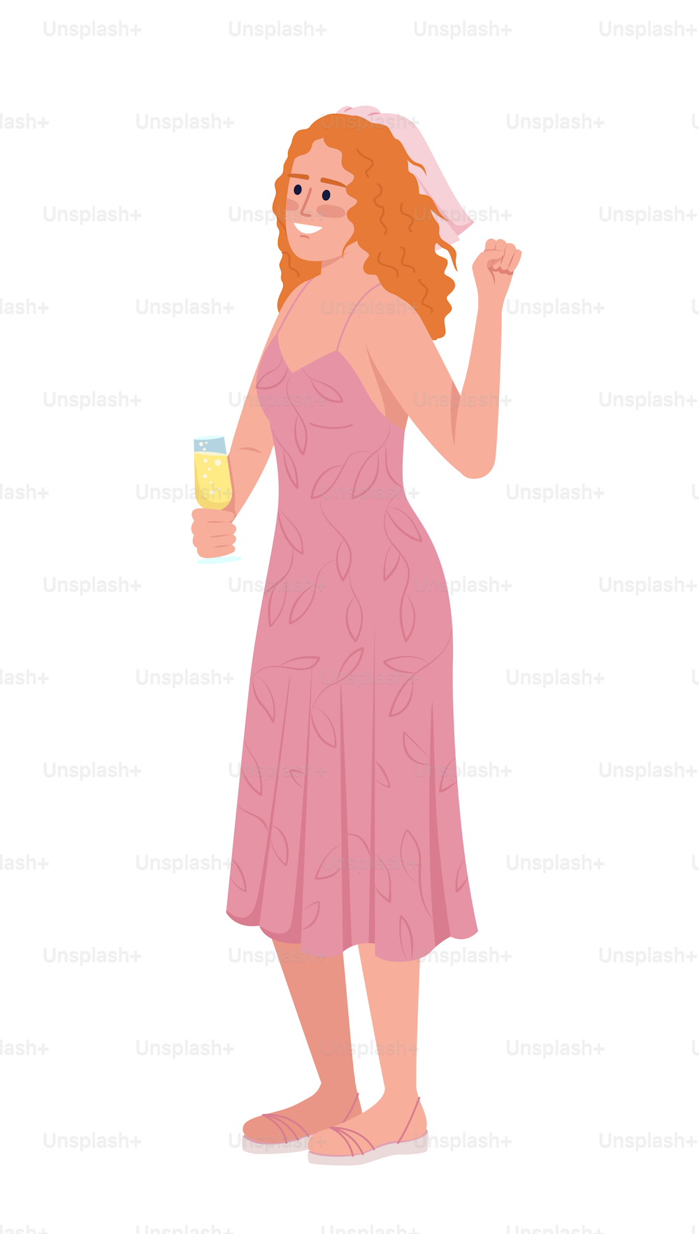 ワイングラスのセミフラットカラーベクター画像を持つ笑顔の生姜の髪の女性。編集可能な図。白い背景に全身の人。Webグラフィックデザインとアニメーション用のシンプルな漫画スタイルのイラスト