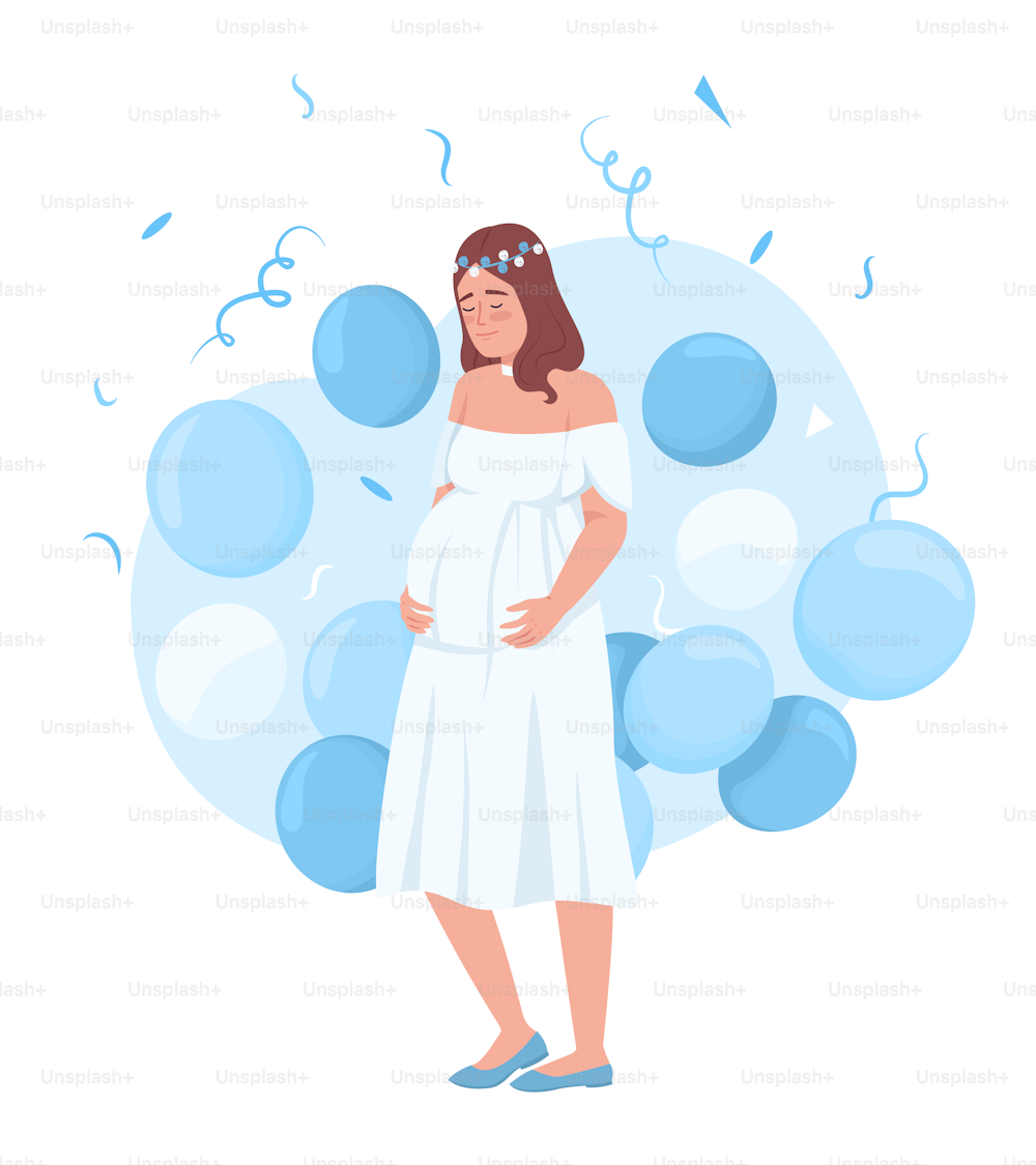 Its a boy baby shower 2D vector isolated illustration. Gender reveal party. Expectant pregnant mom flat character on cartoon background. Colourful editable scene for mobile, website, presentation