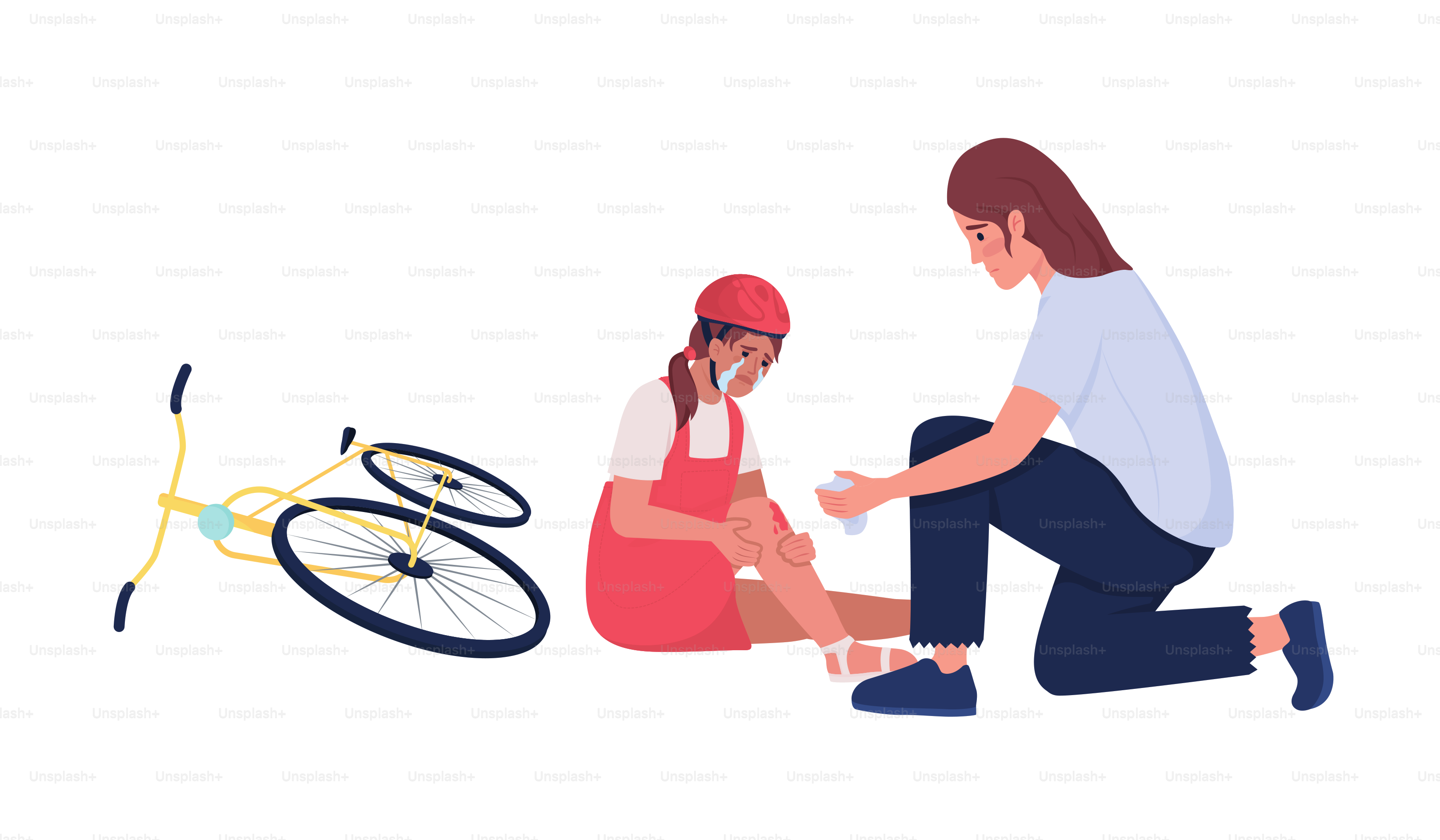 Woman helps crying little girl cyclist semi flat color vector characters. Editable figures. Full body people on white. Simple cartoon style illustration for web graphic design and animation