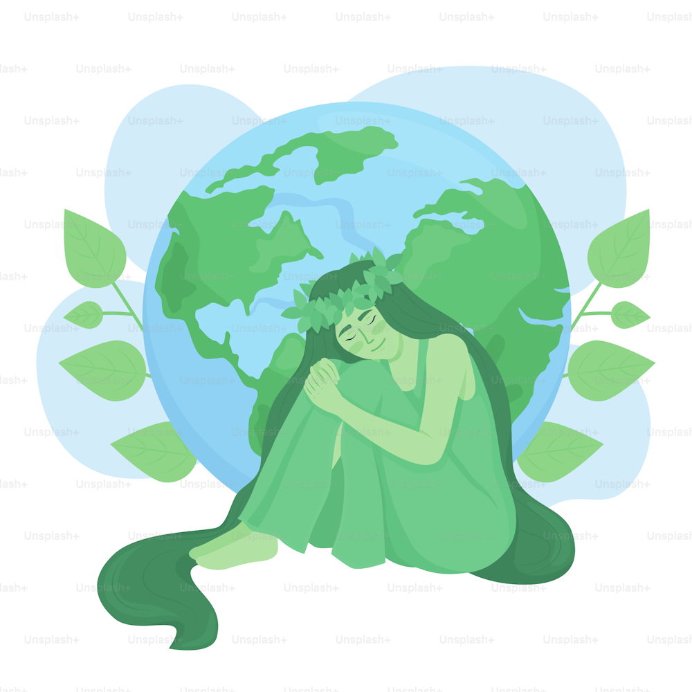 Mother nature 2D vector isolated illustration. Green lady hugging Earth globe flat character on cartoon background. Ecology colourful editable scene for mobile, website, presentation