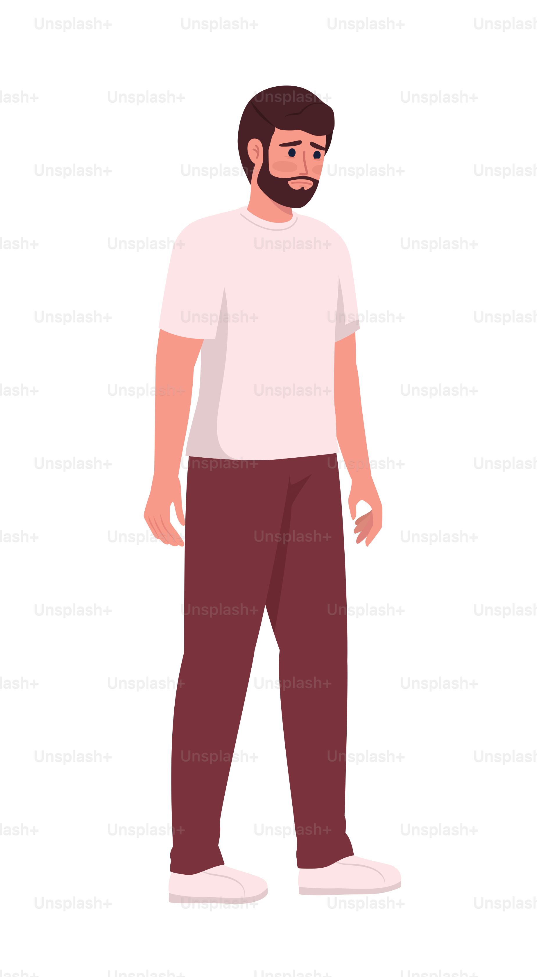 Sad bearded man in casual outfit semi flat color vector character. Editable figure. Full body person on white. Simple cartoon style illustration for web graphic design and animation