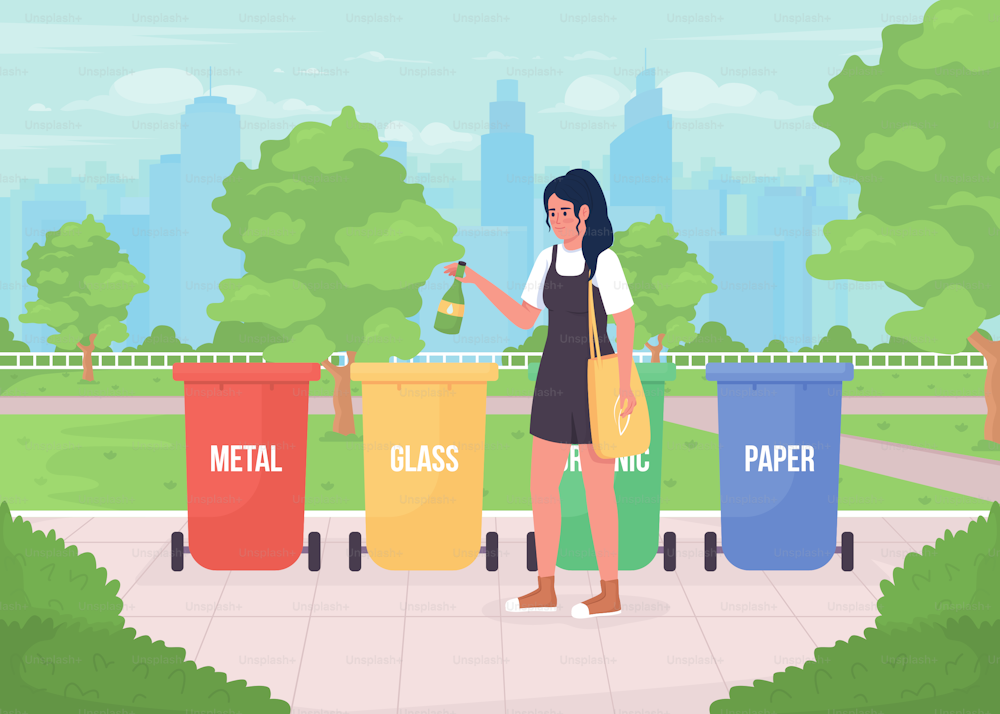 Recycling bins flat color vector illustration. Woman sorting garbage. Environment care way. Fully editable 2D simple cartoon character with green park on background. Bebas Neue font used