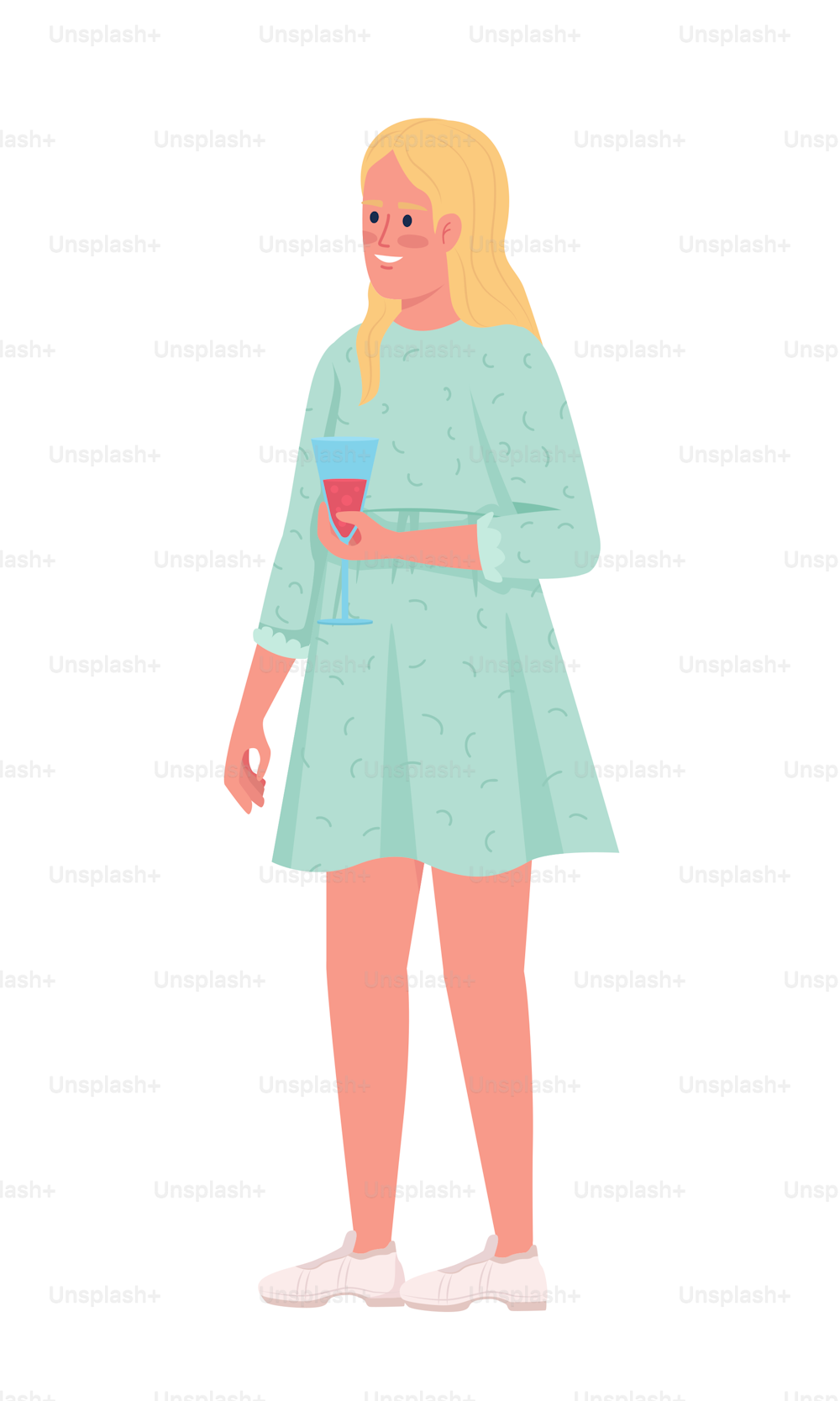 Pleased blond girl drinking sparkling beverage semi flat color vector character. Editable figure. Full body person on white. Simple cartoon style illustration for web graphic design and animation