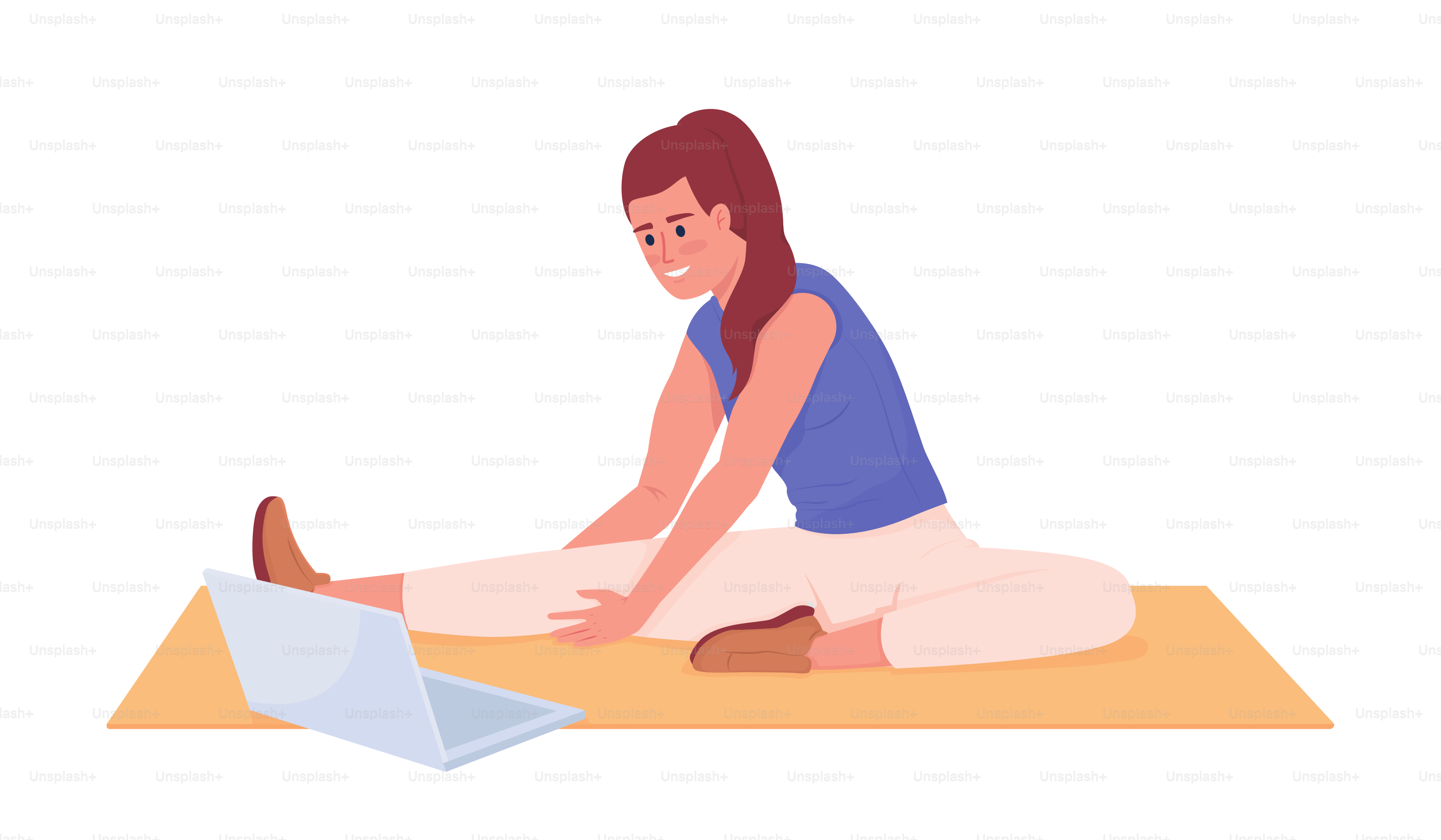 Lady stretching legs with video lesson semi flat color vector character. Editable figure. Full body person on white. Exercising simple cartoon style illustration for web graphic design and animation