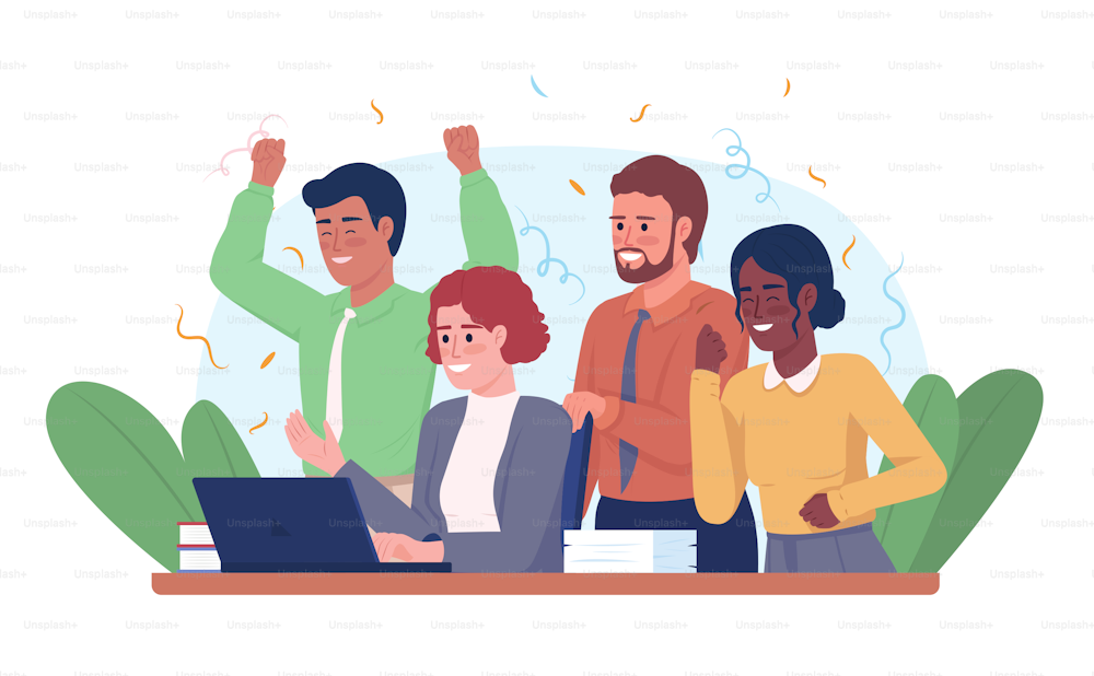 Successful project completion 2D vector isolated illustration. Happy colleagues with laptop flat characters on cartoon background. Colorful editable scene for mobile, website, presentation