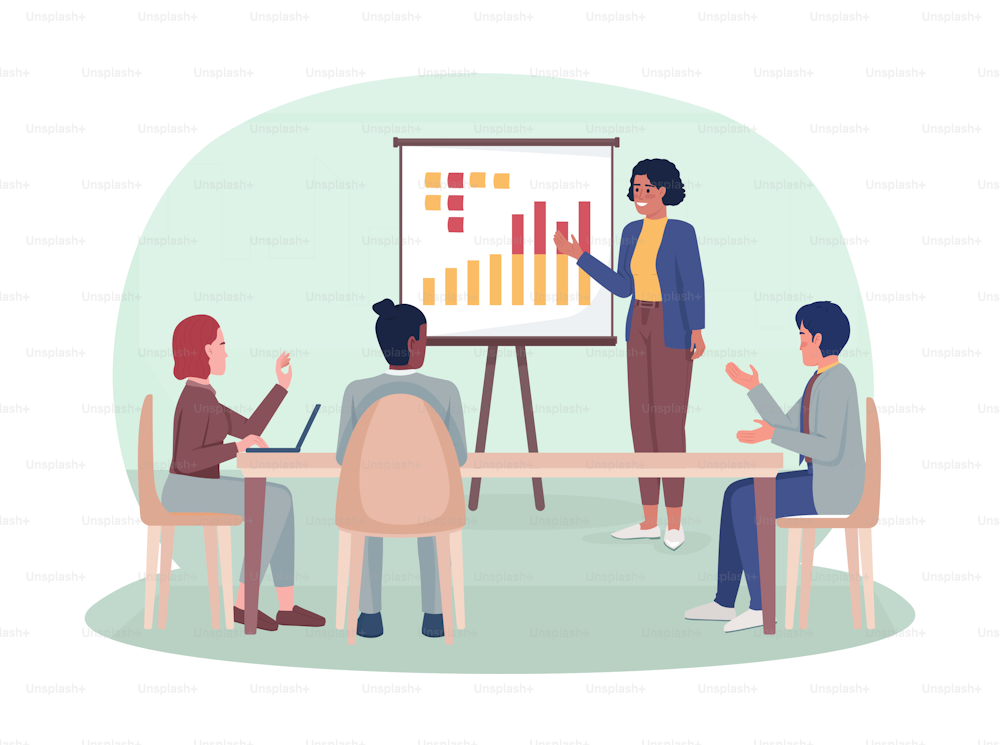 Business strategy presentation 2D vector isolated illustration. Corporate meeting. Conference flat characters on cartoon background. Colorful editable scene for mobile, website, presentation