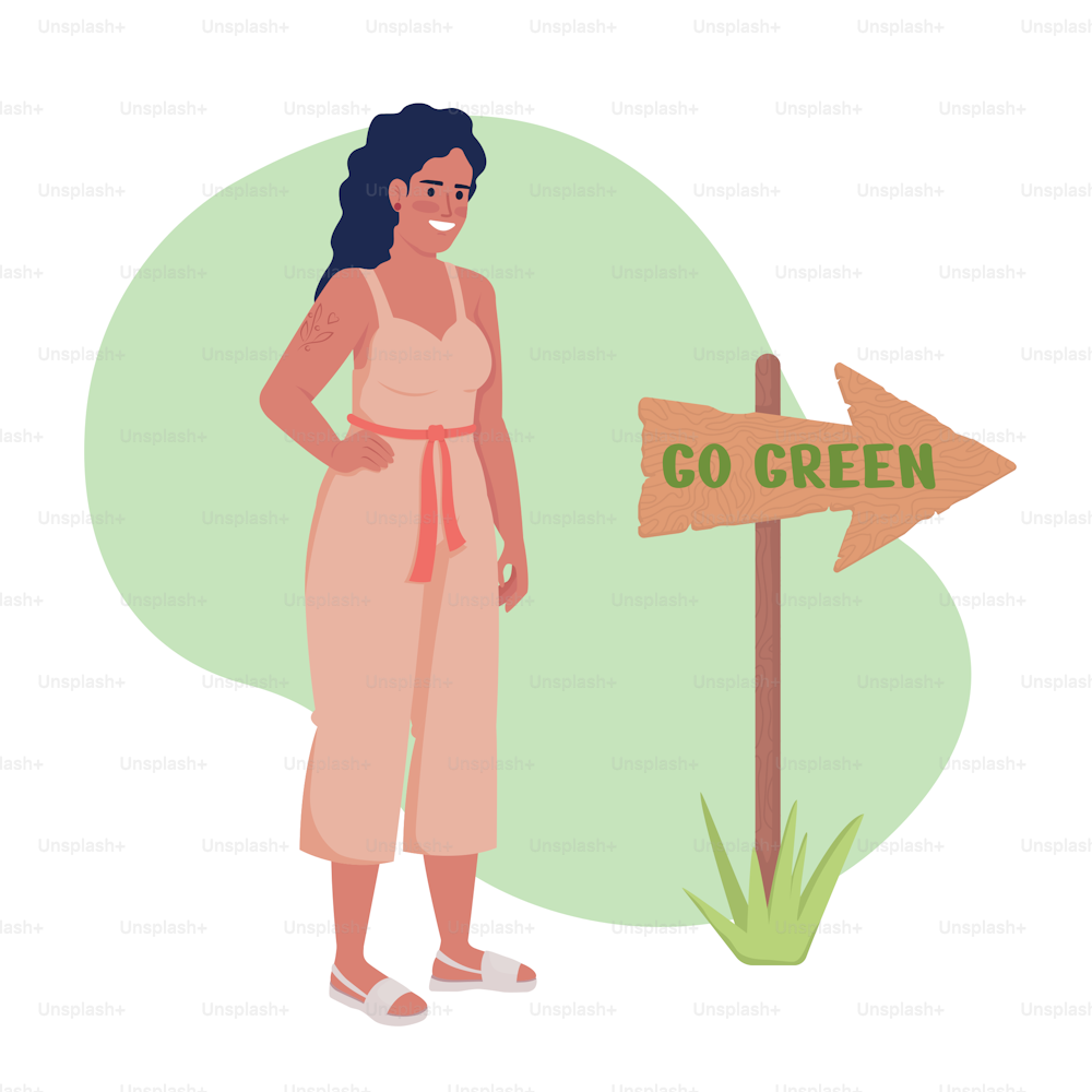 Go green thinking 2D vector isolated illustration. Reducing consumption flat character on cartoon background. Colourful editable scene for mobile, website, presentation. Nerko One Regular font used