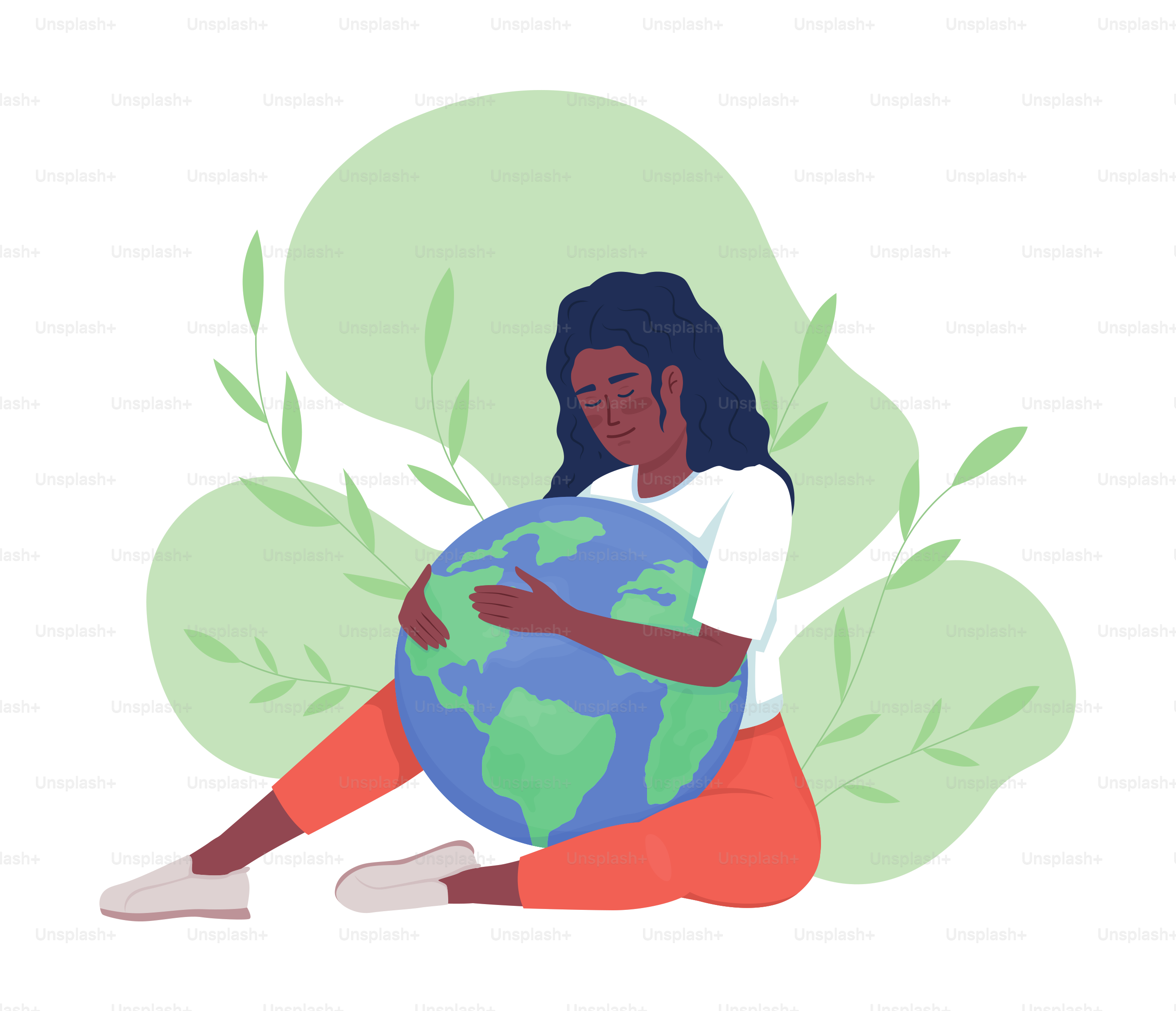 Ecology protection 2D vector isolated illustration. Lady embracing Earth globe flat character on cartoon background. Environment colourful editable scene for mobile, website, presentation