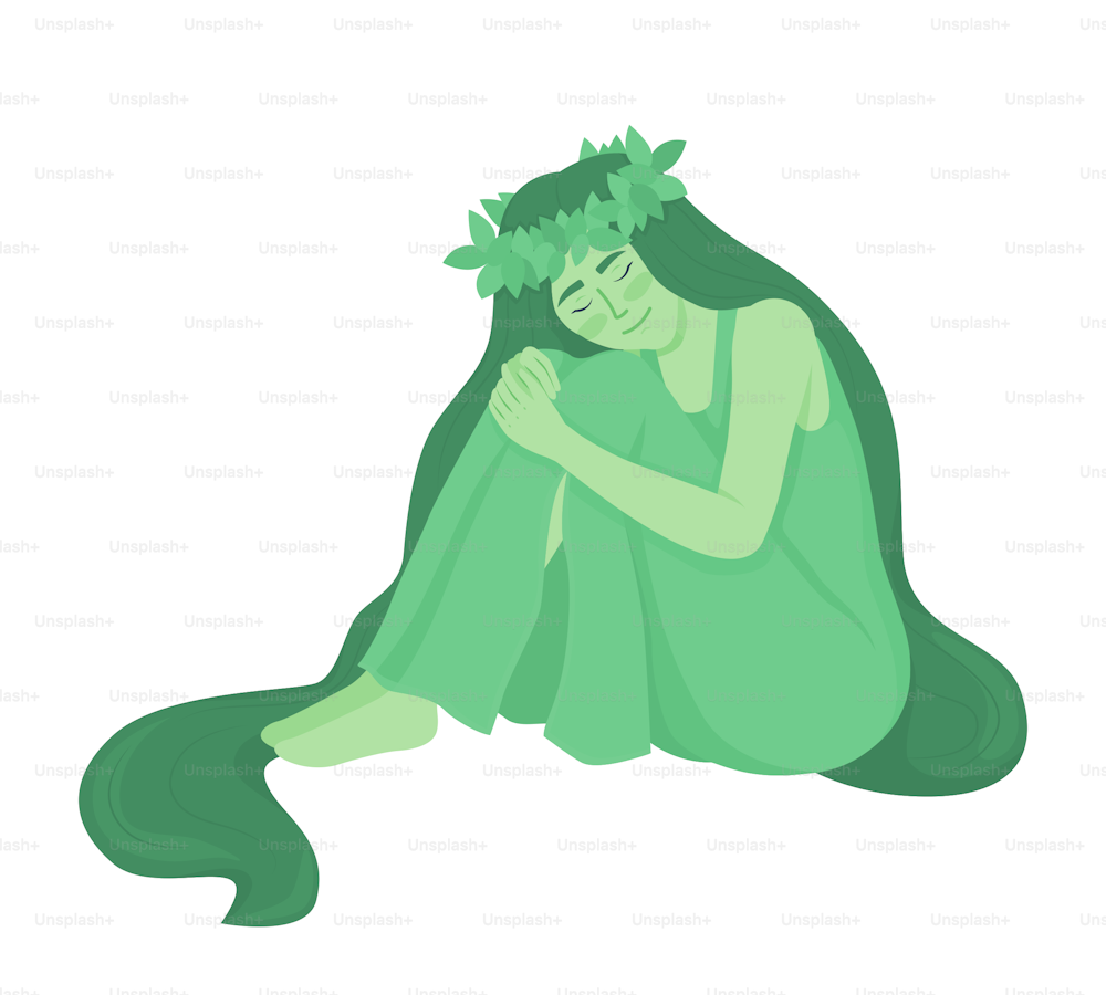 Smiling green goddess semi flat color vector character. Mother nature. Editable figure. Full body person on white. Simple cartoon style illustration for web graphic design and animation