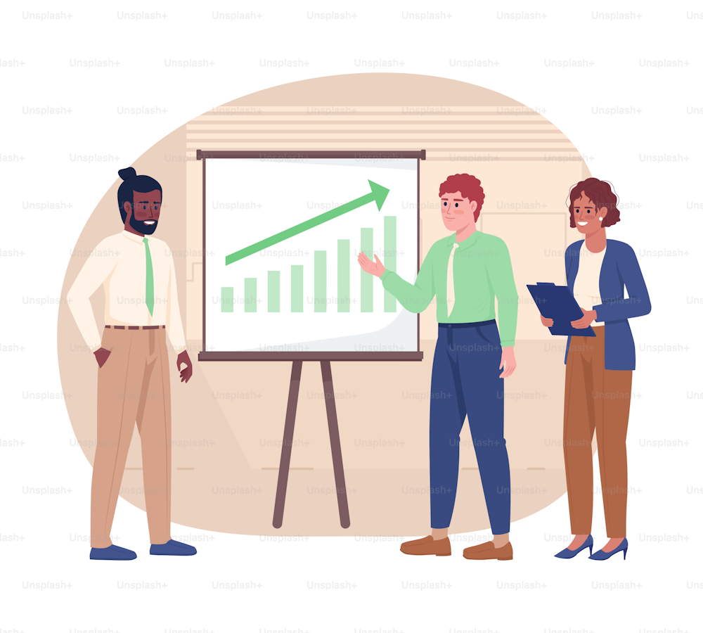 Discussing company performance 2D vector isolated illustration. Corporate success presentation flat characters on cartoon background. Colorful editable scene for mobile, website, presentation