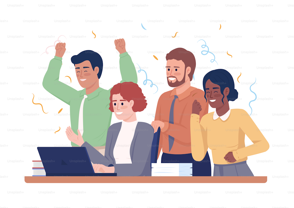 Business team celebrating success semi flat color vector characters. Finishing project. Editable figures. People on white. Simple cartoon style illustration for web graphic design and animation