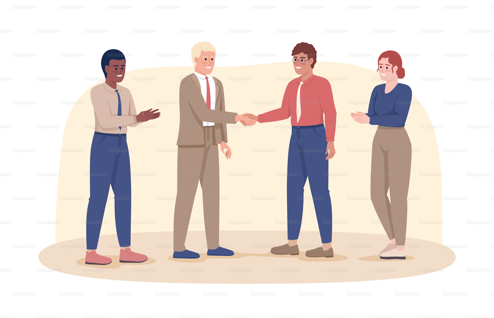 Successful partnership 2D vector isolated illustration. Deal celebration. Corporate teamwork flat characters on cartoon background. Colorful editable scene for mobile, website, presentation